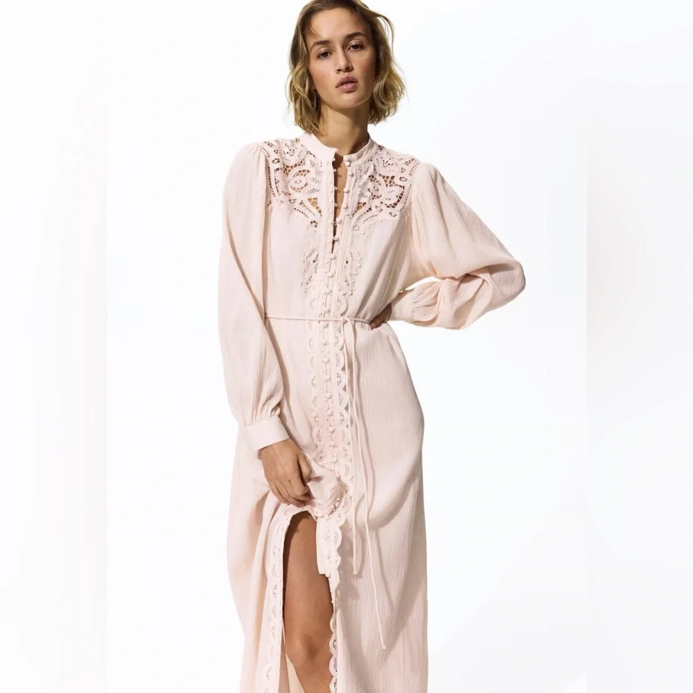 LIGHT PINK LACE-DETAIL COTTON DRESS - Picture 1 of 8